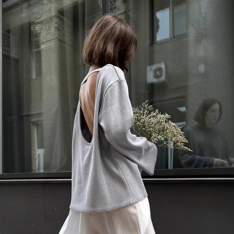 Original Backless O-neck Cotton Knit Sweater Autumn and Winter Women Simple Loose Soft Warm Elastic Daily Office Casual Sweater