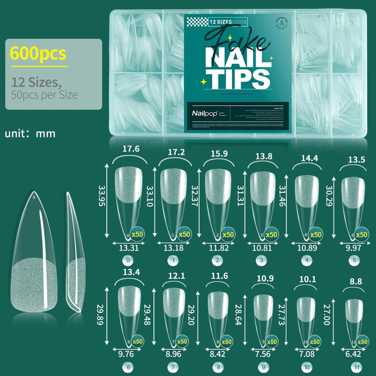 NAILPOP Soft Gel Nail Tips 600PCS Pre-Buff Full Cover Coffin Almond  Oval Shaped Nail Extenison Tips Half Matte Gel X Fake Nails