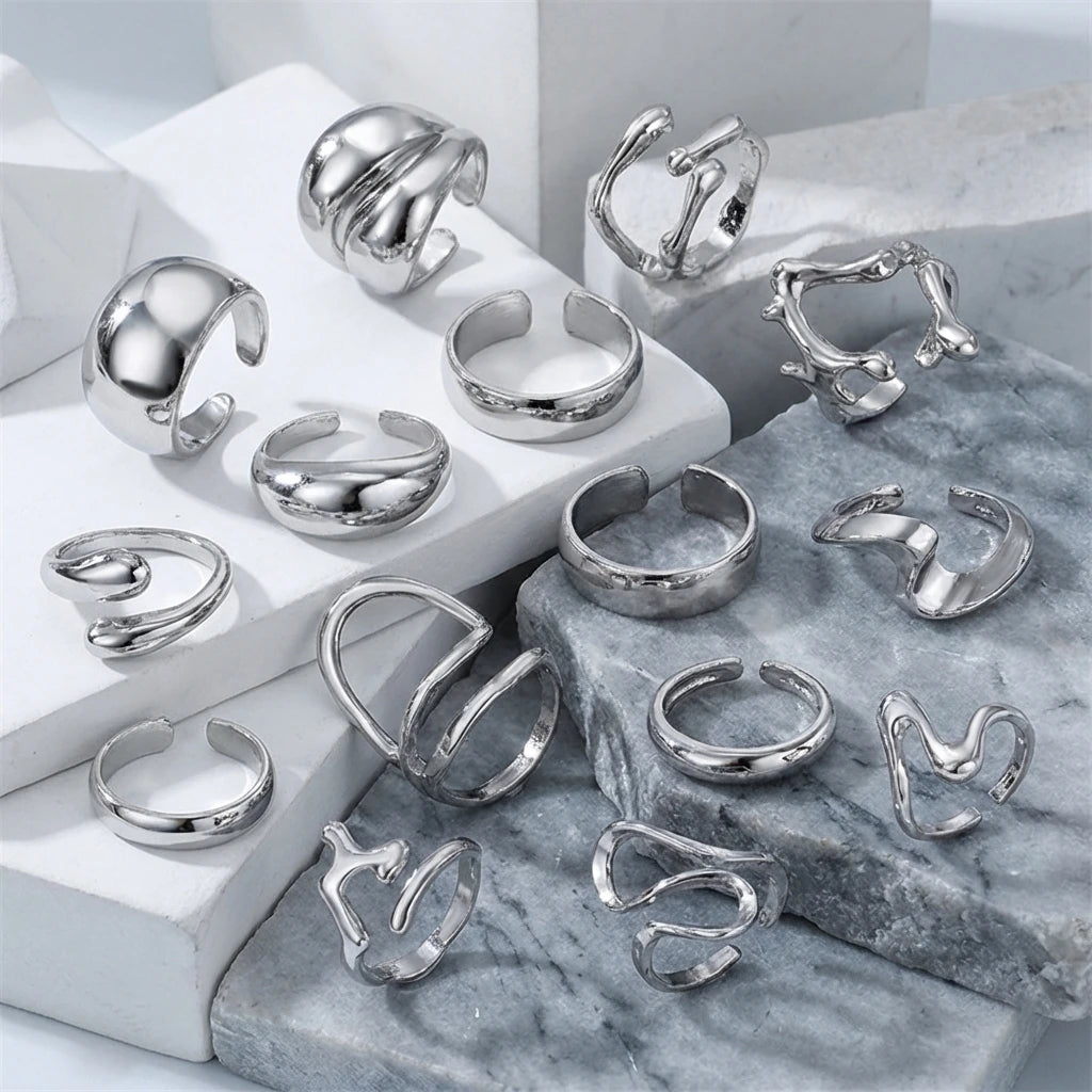 15PCS/Set Cool Oversized Smooth Abstract Lava Line Ring Set Women's Trendy Geometric Stacking Finger Ring Accessories