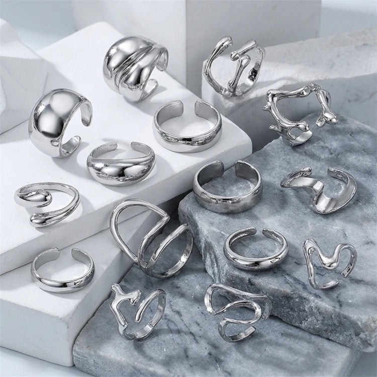 15PCS/Set Cool Oversized Smooth Abstract Lava Line Ring Set Women's Trendy Geometric Stacking Finger Ring Accessories