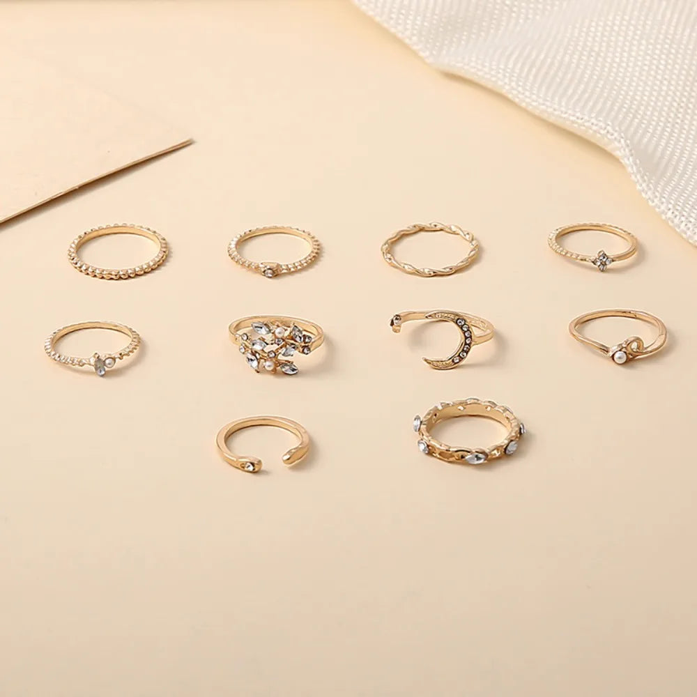 10Pcs Stackable Ring Set for Women Moon Star Heart Leaf Rhinestone Ring Y2K Finger Rings Trendy Jewelry Accessories Party Gifts