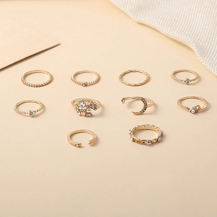 10Pcs Stackable Ring Set for Women Moon Star Heart Leaf Rhinestone Ring Y2K Finger Rings Trendy Jewelry Accessories Party Gifts