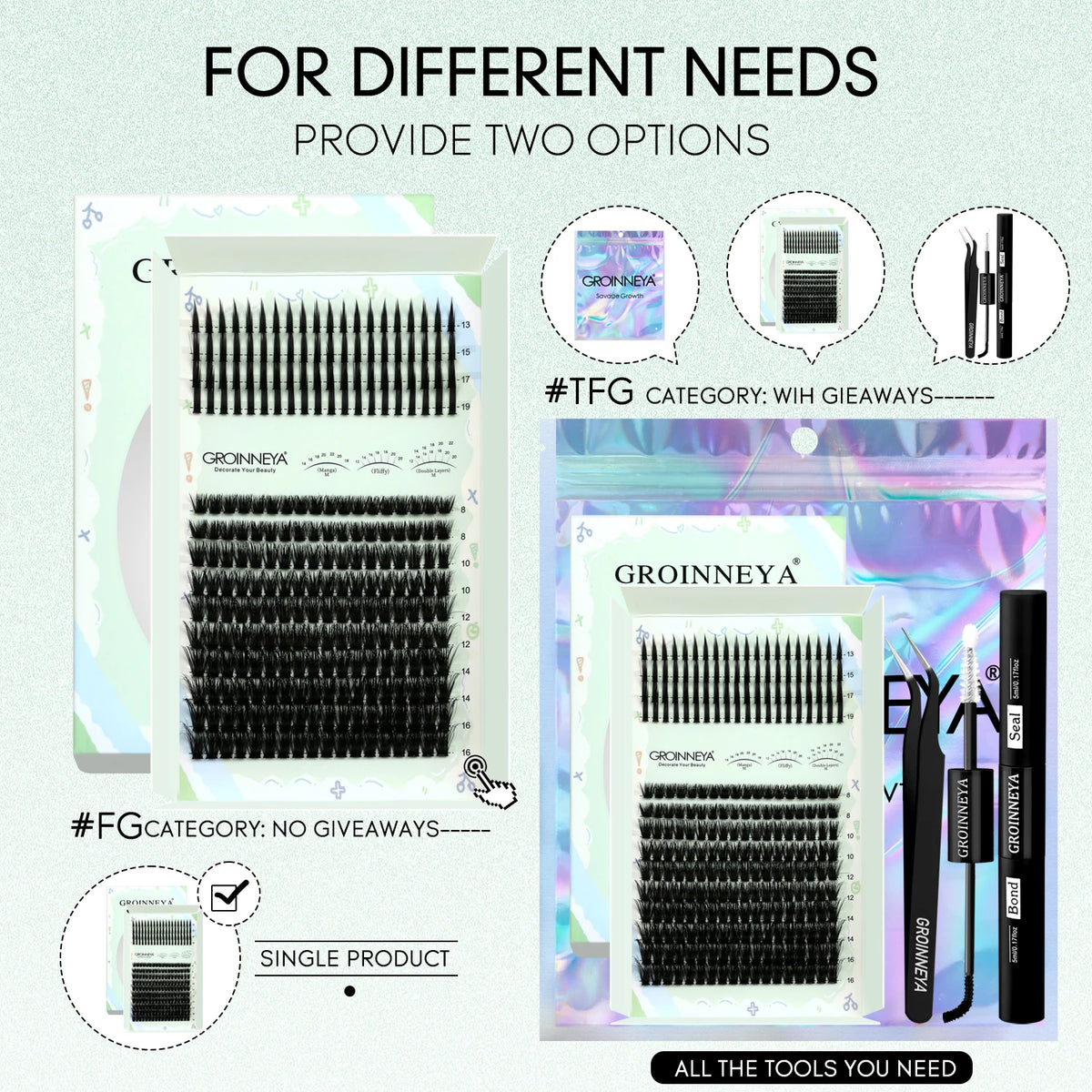 GROINNEYA Lash Clusters Kit Spikes Lash Individuals Eyelash Clusters D-Curly Lash Clusters Kit with Bond and Seal Makeup
