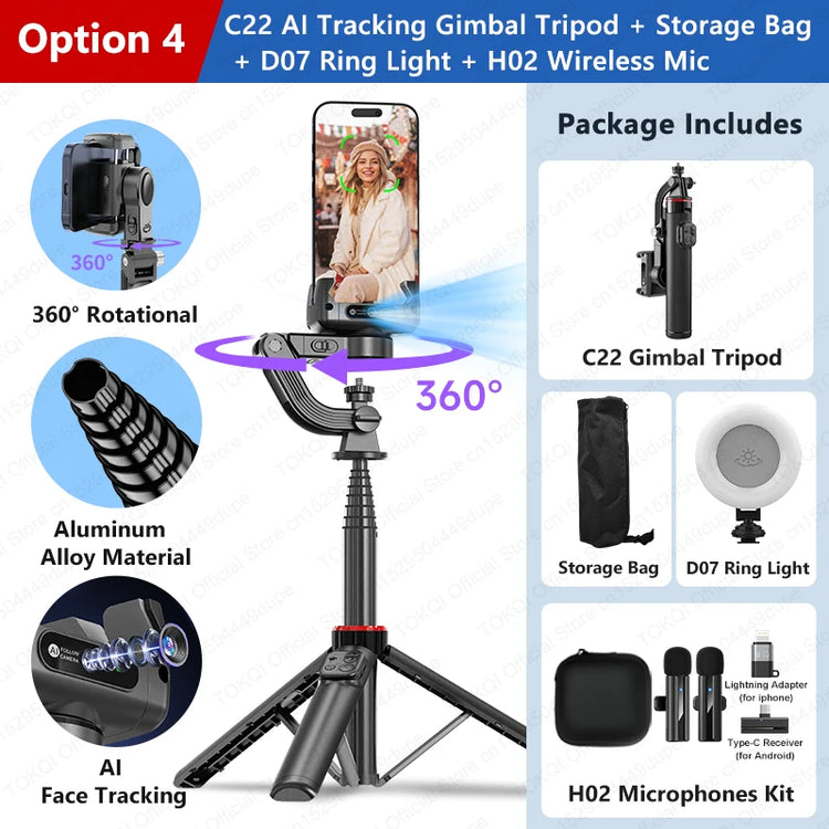 C22 AI Face Tracking Handheld Gimbal Stabiliser 360° Rotation Shoot Selfie Stick Tripod for Mobile Phone, 1/4'' Screw for Camera