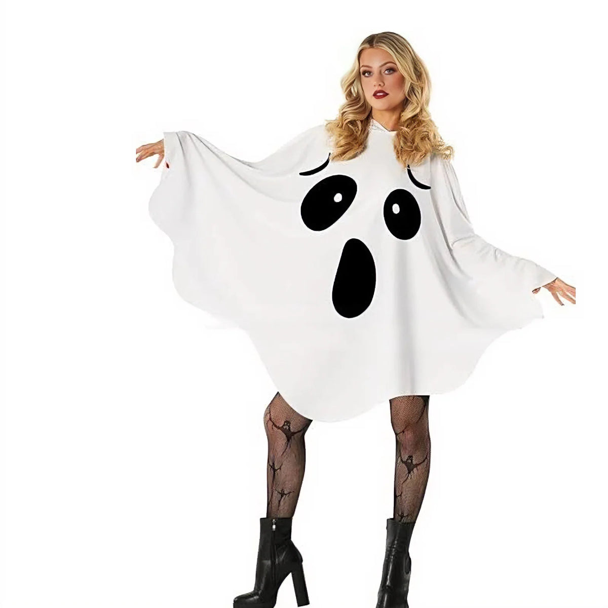 Women White Elf Witch Costume with Bat Details, Complete Outfit for Halloween Role Play & Masquerade Events