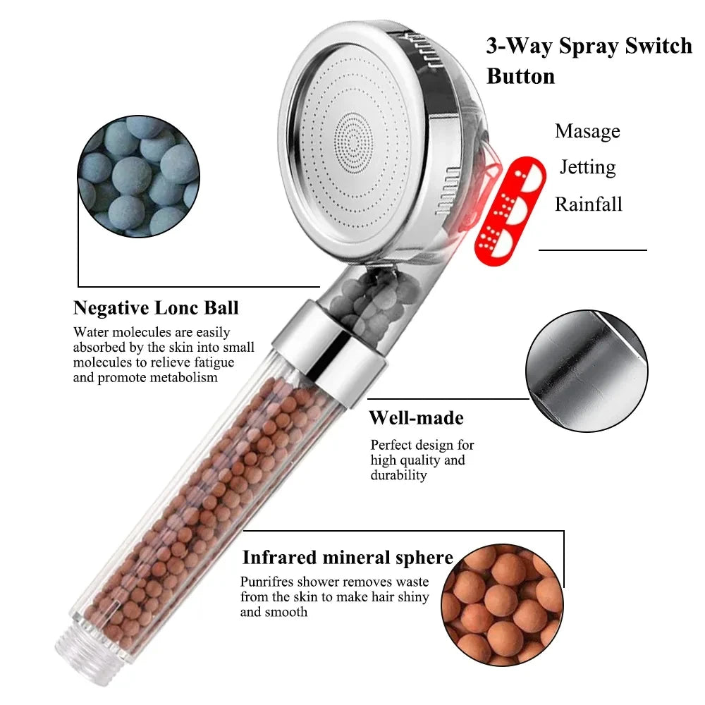 3 Functions High Pressure SPA Shower Head Water Saving Handheld Rainfall Bathroom Accessory Anion Filter Shower
