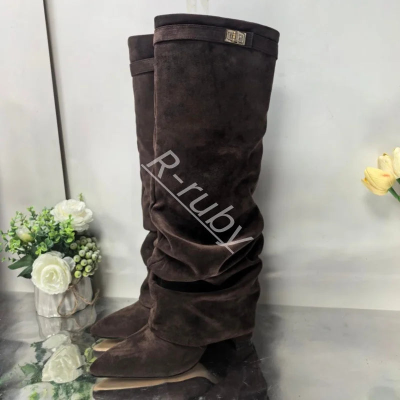2025 New Style Metal Buckle Women's Knee High Boots Pointed Toe Crude Heel Solid Color Female Long Boots Quality Ladies Shoes