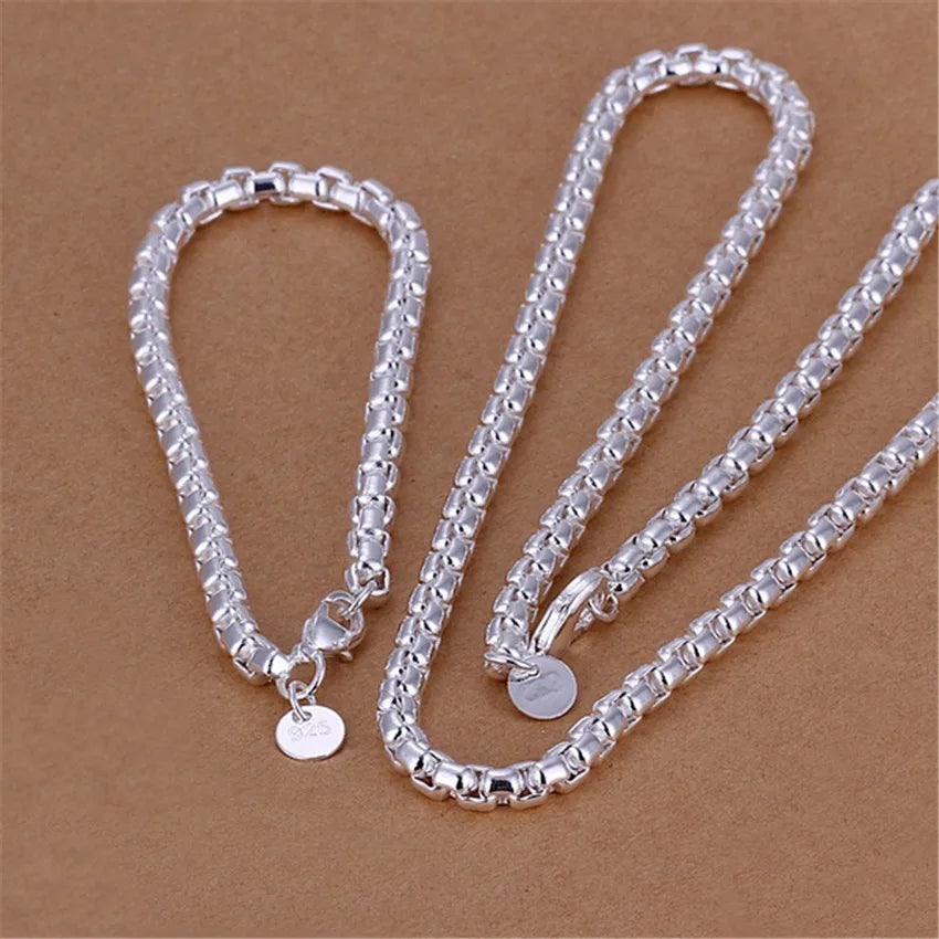 Wholesale 45-60cm 925 Sterling Silver 4mm Round Box Chain Necklace Bracelet Set For Women Men Boy Wedding Engagement Charm