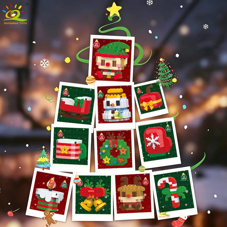 HUIQIBAO Christmas Mini Building Blocks Set DIY Santa Claus Xmas Tree Snowman House Ornament Kid Educational Assembly Toy