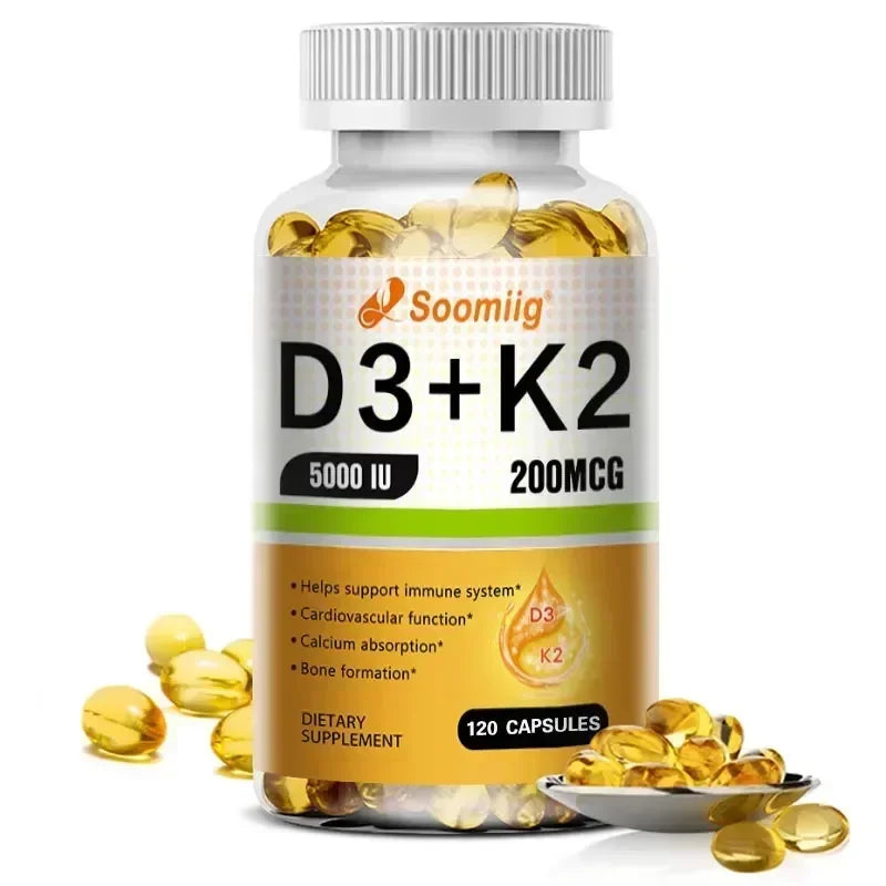 Vitamin D3 5000IU and 200 Mcg Vitamin K2 (MK-7) Capsules for Calcium Absorption, Bone Regeneration, Immune Support, Easy To Melt