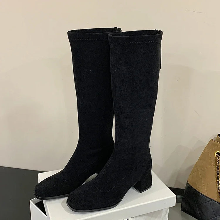 Eilyken High Quality Round Toe Women Knee-High Boots Fashion Square Heels Shoes Autumn Winter Long Zipper Booties