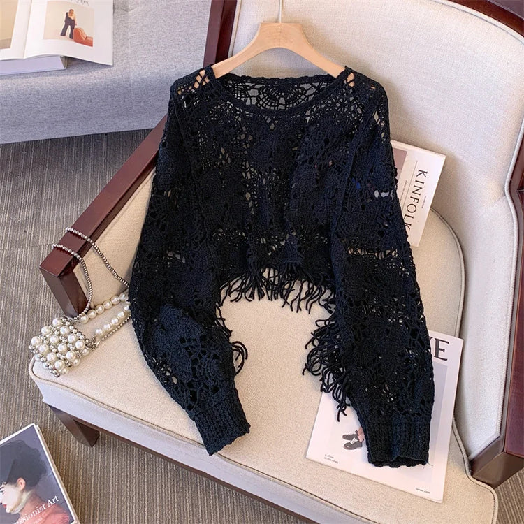 Fashionable Large Size Women's  Hook Hollow Knitted Top round Neck Long Sleeve Tassel Short Style Autumn Outerwear