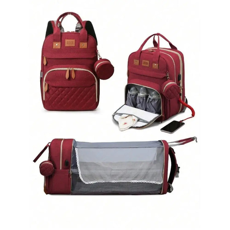 Foldable 3-in-1 Diaper Bag Backpack with USB Charge Waterproof Travel Bag Baby Bed And Changing Mat Included