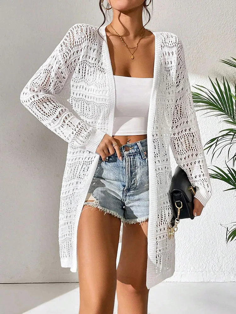 Polyester 100.00% Solid Color Knitted Cardigan with Sun Shading and Loose Fitting Fashion, Mid Length and Elegant Sweater