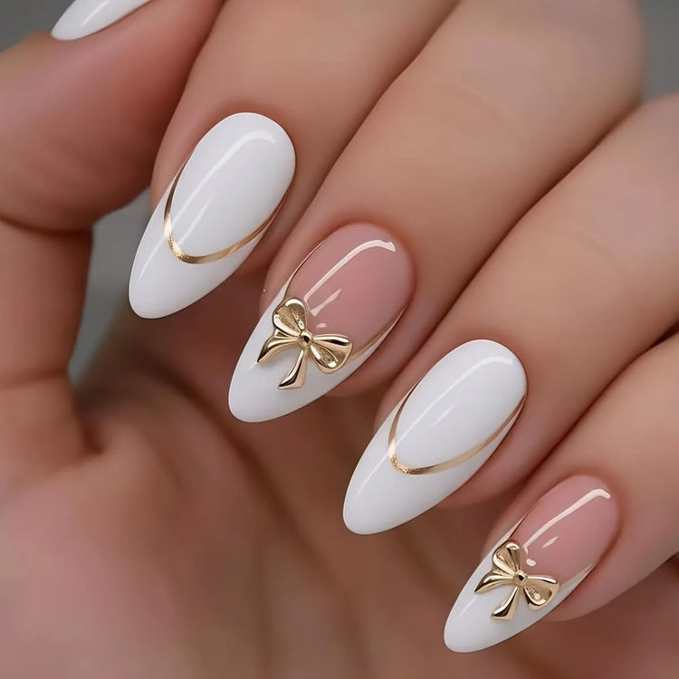 White French Press on Nails 3D Bowknot Fake Nails Tips Full Cover Wearable False Nails for Women and Girls DIY Manicure 24Pcs