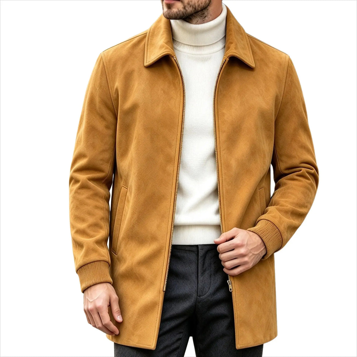 Men Faux Suede Mid Length Coat Autumn Winter Lapel Zipper Jacket Business Casual Slim Fit Windproof  Overcoat Streetwear Outwear