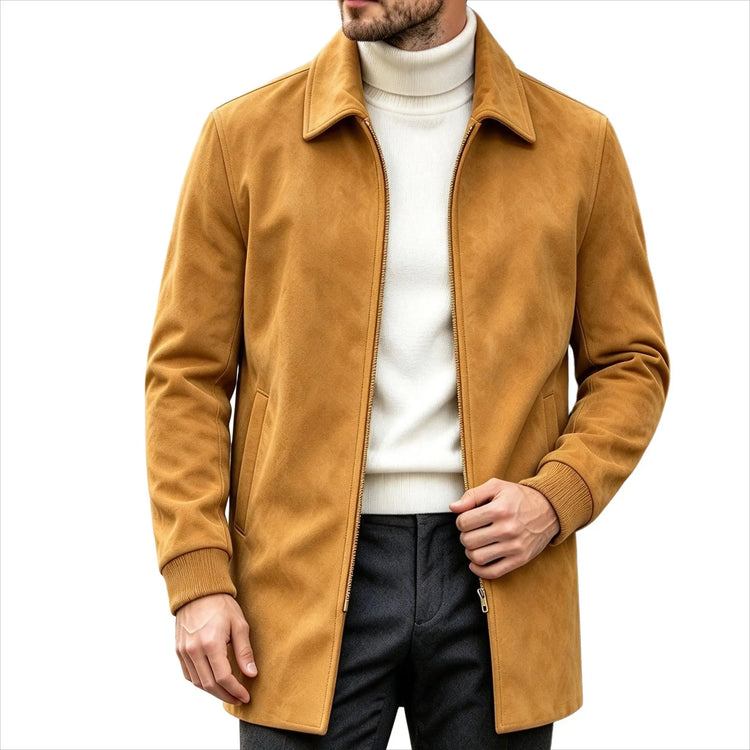 Men Faux Suede Mid Length Coat Autumn Winter Lapel Zipper Jacket Business Casual Slim Fit Windproof  Overcoat Streetwear Outwear