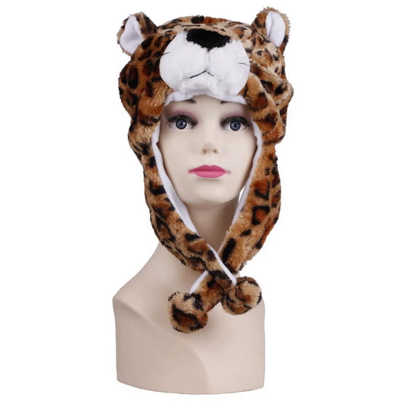 Fashionable Children's Winter Hat Plush Tiger Head Design Scarf Neck Protection Halloween Performance Cap Kids Warm Cozy Hat