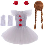 2026 Halloween Trick or Treat Carnival Party White Gray Scary Clown Mesh Fluffy Dress Girl Cosplay Joker Costume Accessories Set