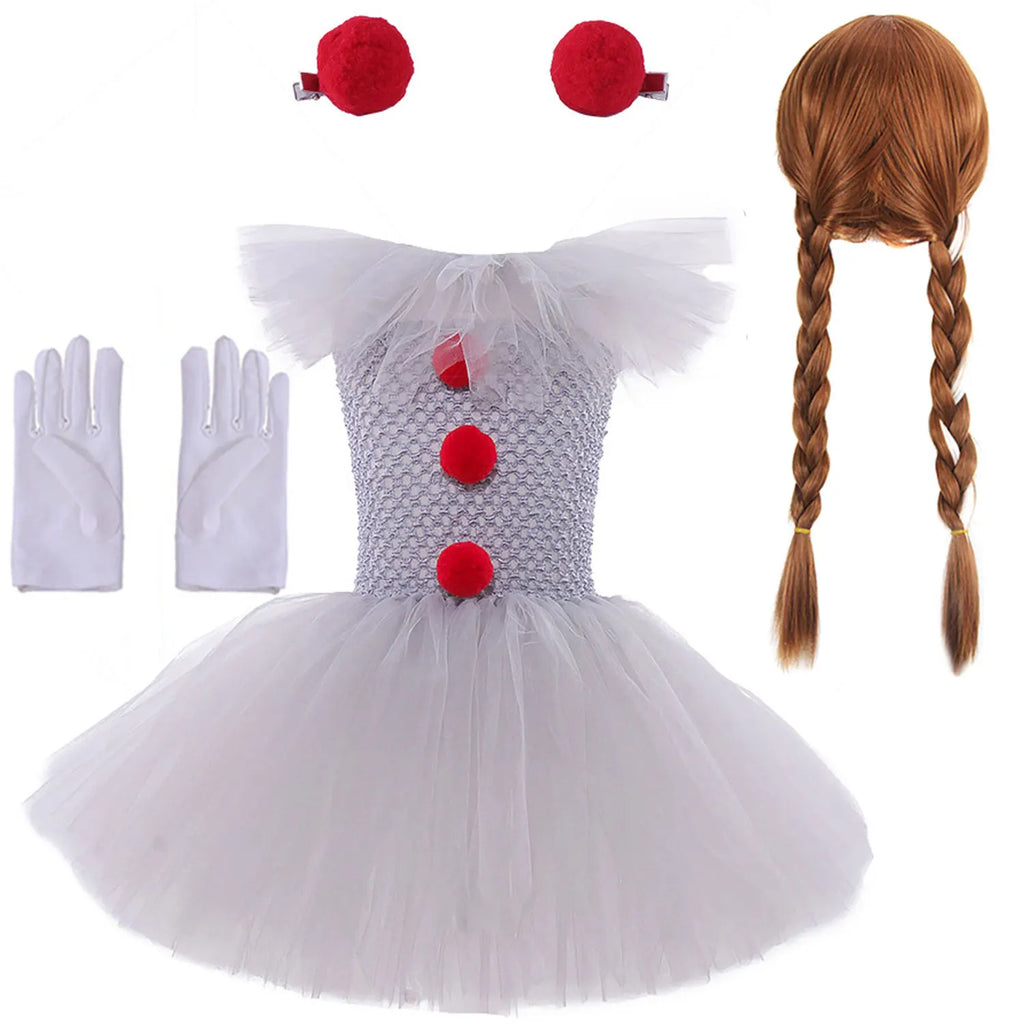 2026 Halloween Trick or Treat Carnival Party White Gray Scary Clown Mesh Fluffy Dress Girl Cosplay Joker Costume Accessories Set