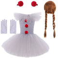 2026 Halloween Trick or Treat Carnival Party White Gray Scary Clown Mesh Fluffy Dress Girl Cosplay Joker Costume Accessories Set
