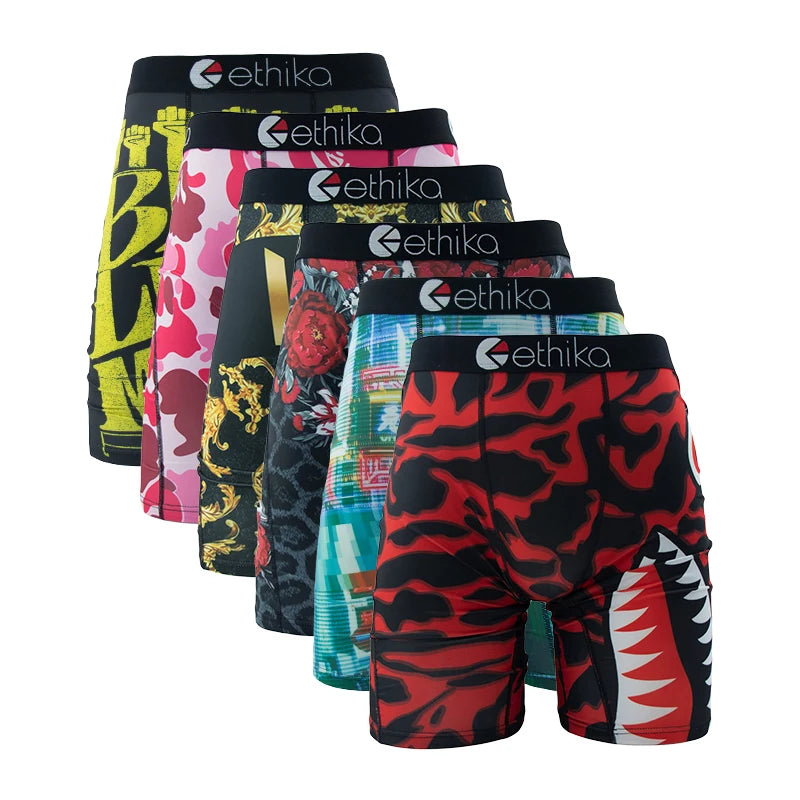 ETHIKA 6Pcs Men Underwear Boxers Breathable Man Swimming Underpants Plus Size Print Mens Panties Trunks Sexy Men's Boxershorts