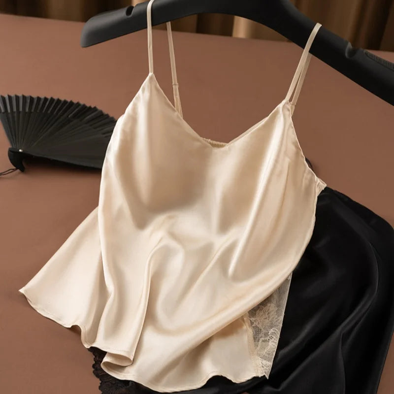 Birdtree,Woman's 19MM 93% Silk 7% Spandex Tank Top,with Built In Bra Vest,Solid Lace V-neck Sling Tops,2026 Spring New T61510JF