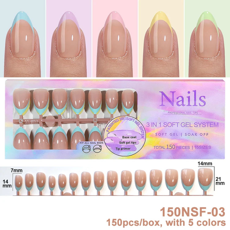 150Pcs/Box Acrylic Press on Nails Full Cover Fake False Tips Soft Gel Extension T-shaped Oval Capsule Almond Sculpted Salon DIY