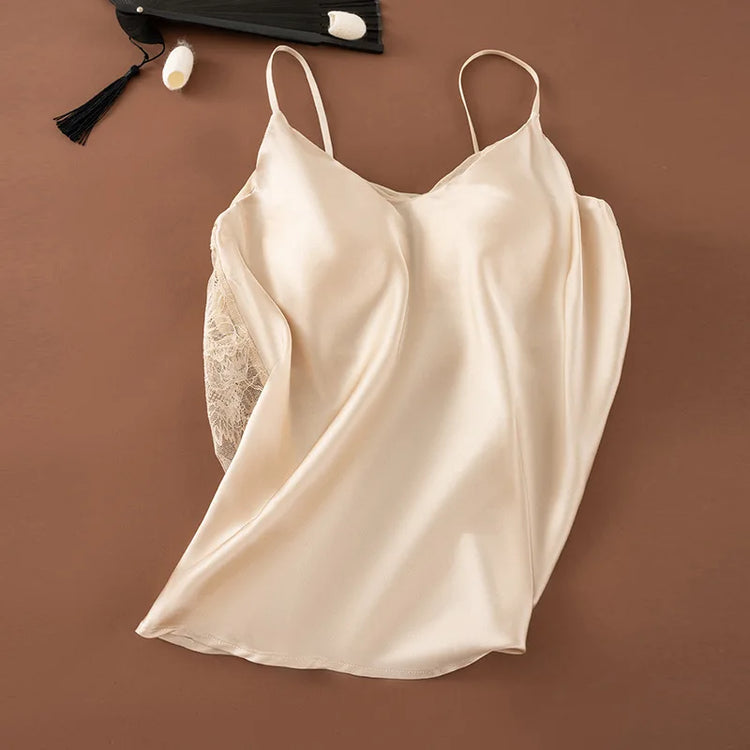 Birdtree,Woman's 19MM 93% Silk 7% Spandex Tank Top,with Built In Bra Vest,Solid Lace V-neck Sling Tops,2026 Spring New T61510JF