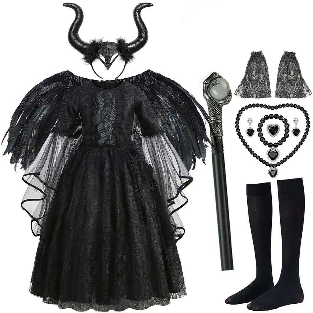 2026 Halloween Carnival Girls Play Black Evil Witch Vampire Elegant Cute Fluffy Lace Dress + Hairband + Raven Accessories Set