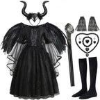 2026 Halloween Carnival Girls Play Black Evil Witch Vampire Elegant Cute Fluffy Lace Dress + Hairband + Raven Accessories Set