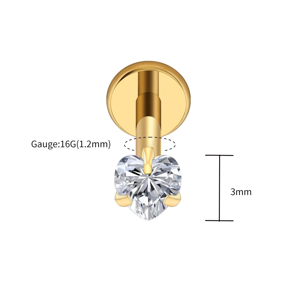 Right Grand ASTM F136 Titanium 16G Heart CZ Threaded Labret 3mm/4mm/5mm CZ Cartilage Tragus Helix Nose Stud Piercing Jewelry