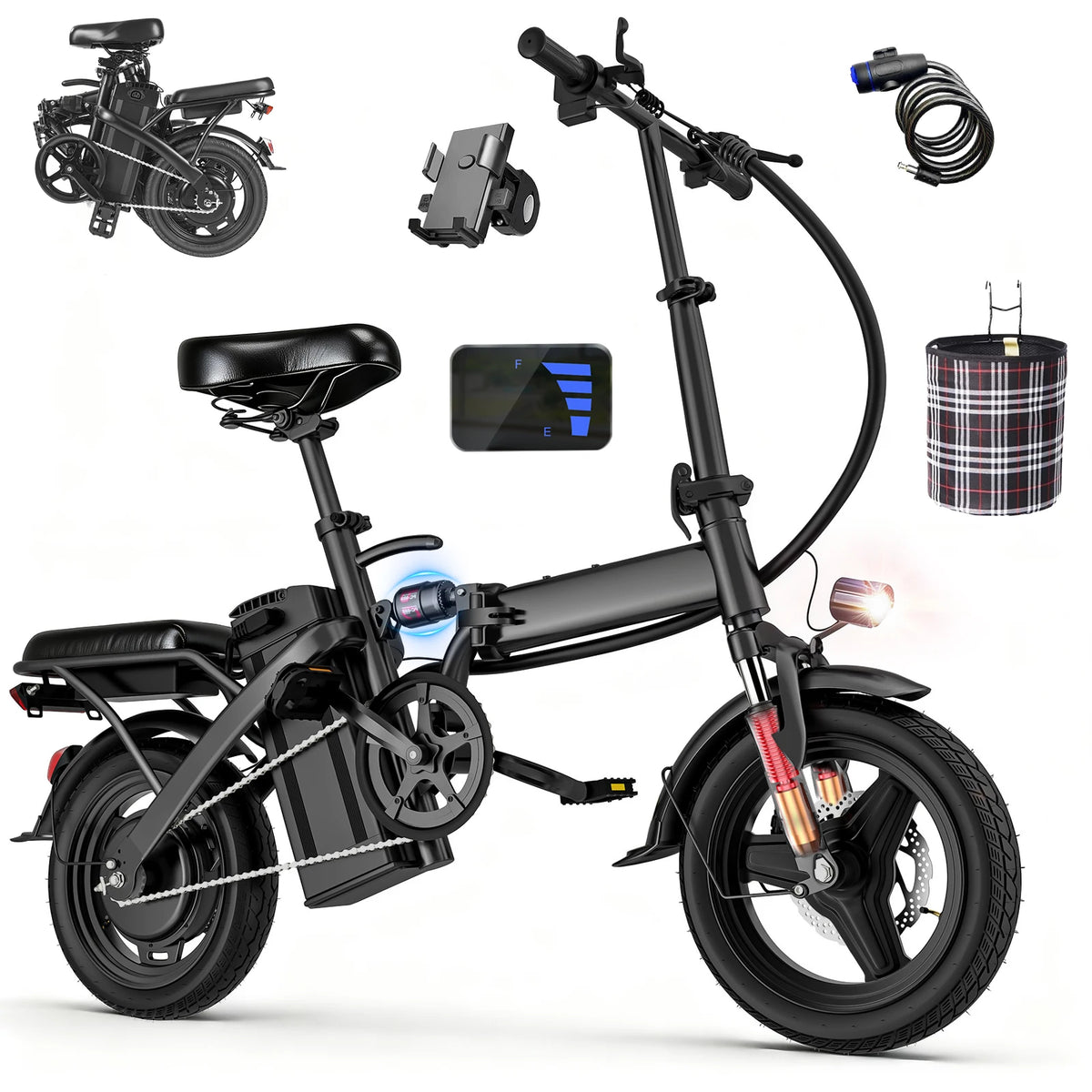 560W Electric Bikes for Adult,24MPH,14inch Folding Electric Bike,48V10.4AH Removable Battery,Multi-Shock Absorption Electric Bicycle