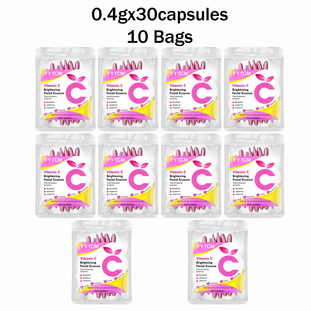 Vitamin C Skin-Brightening and Moisturizing Capsule Essence, Hydrates and Smooths Skin, Contains Plant Squalane, Vitamin E, Magnolia Oil, Jojoba Seed Oil, Deeply Hydrates and Brightens Skin Essence (0.4Gx30 Capsules)/Bag-1 Ba