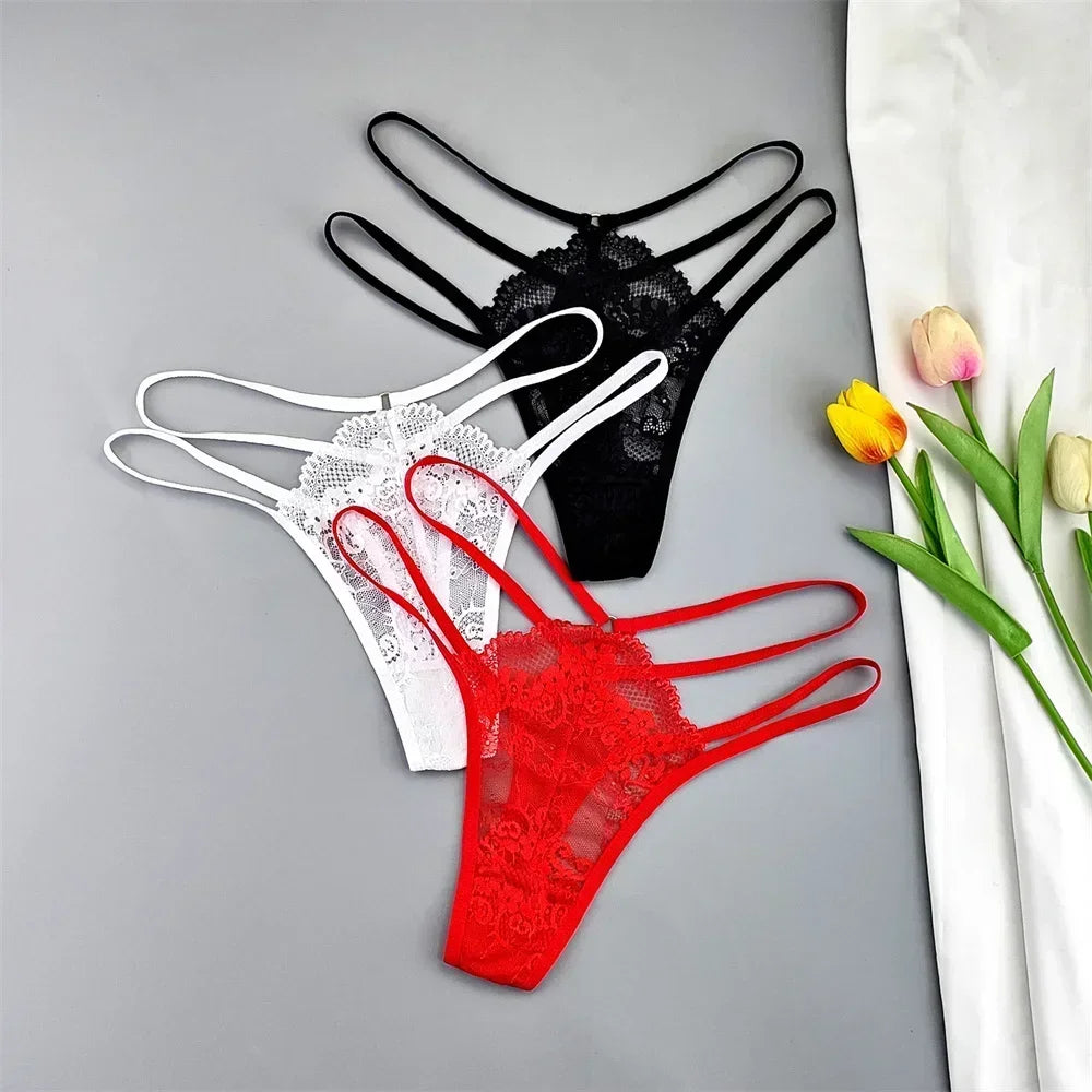 3 Pcs Lace Thin Strap Thong Women Low Waist Sexy Perspective Underwear Ladies Transparent G-string Panty Plus Size T-back