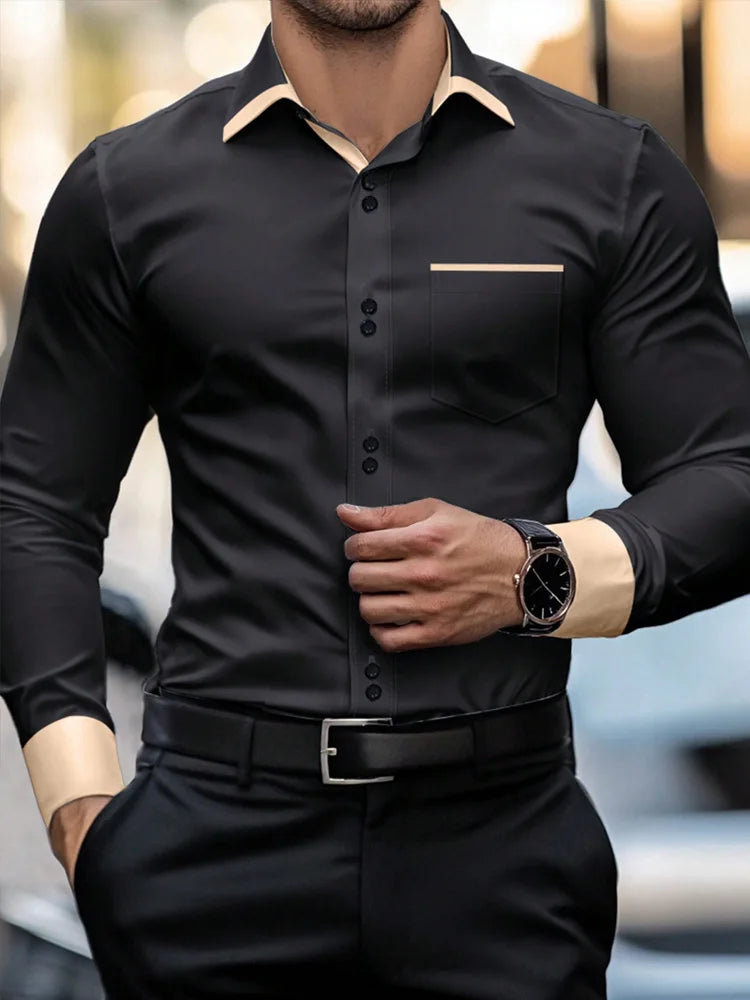 Men's Casual Business Long-sleeved Shirt, British Style Double Button Shirt, Slim Long-sleeved Lapel Shirt