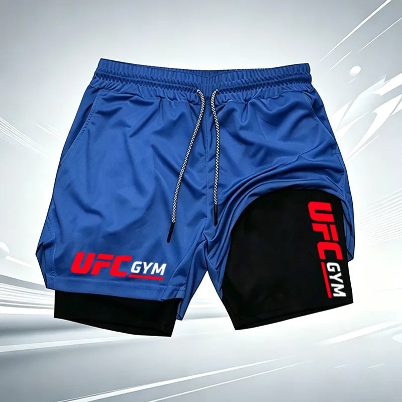 Summer men's printed UFC GYM 2-in-1 compression base shorts, quick drying fitness training breathable running shorts