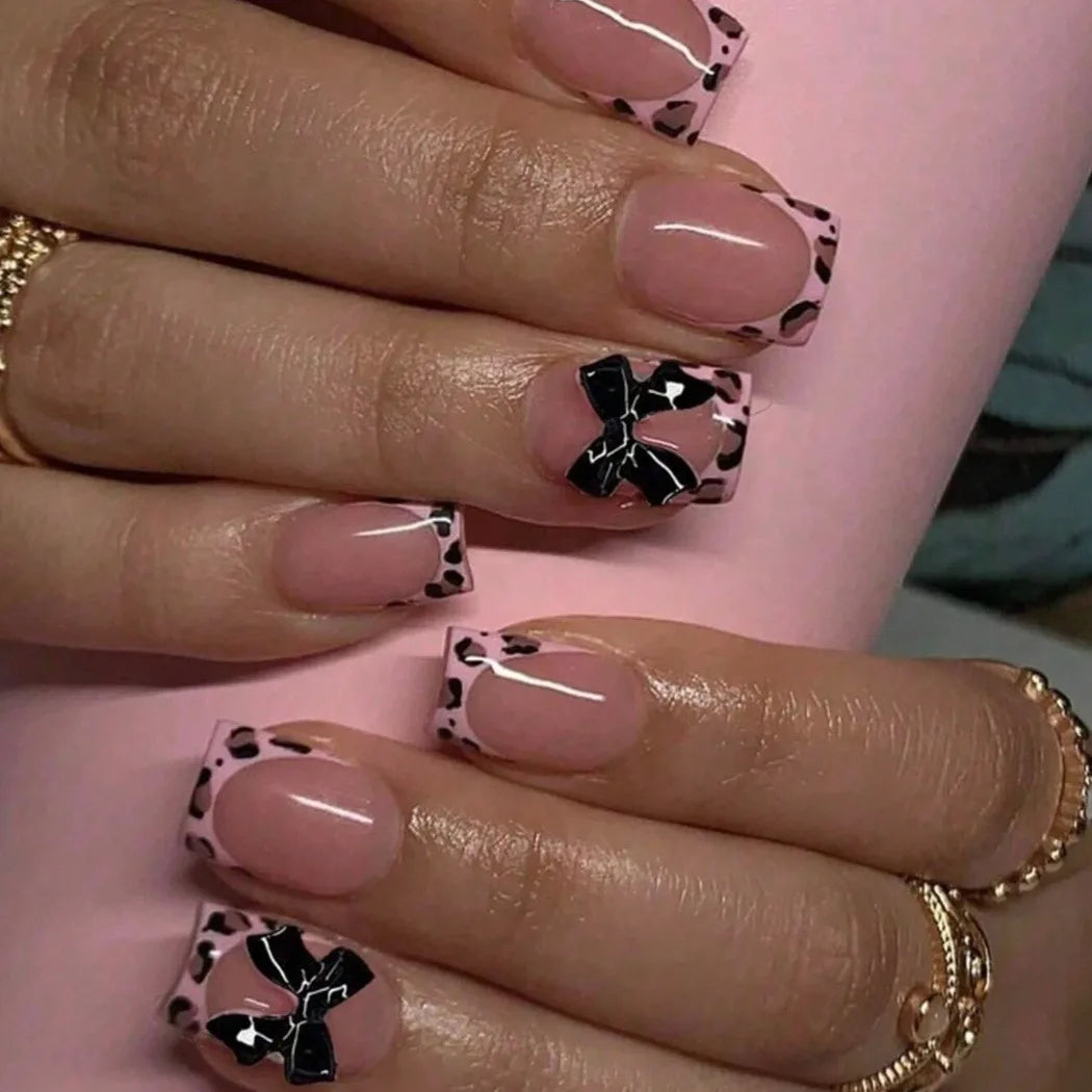 White French Press on Nails 3D Bowknot Fake Nails Tips Full Cover Wearable False Nails for Women and Girls DIY Manicure 24Pcs