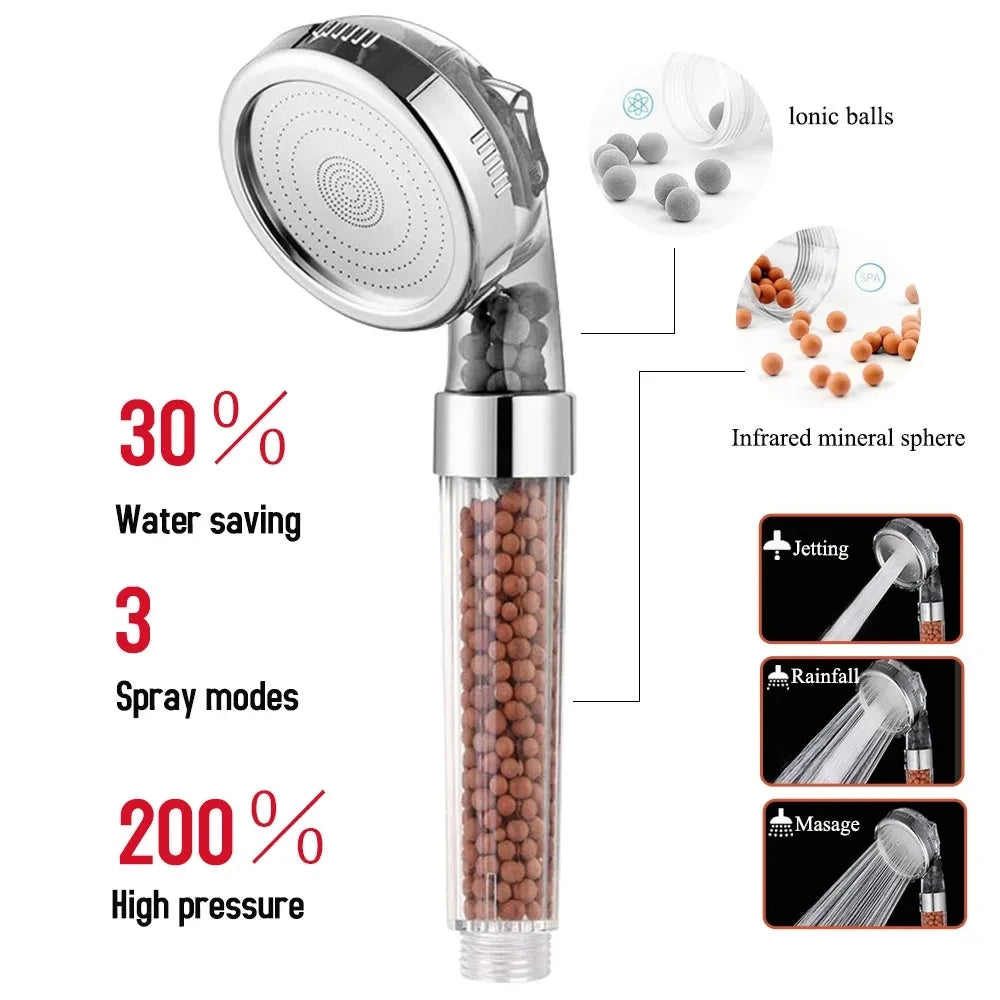 3 Functions High Pressure SPA Shower Head Water Saving Handheld Rainfall Bathroom Accessory Anion Filter Shower