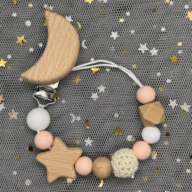 Personalized Baby Pacifier Clip Custom Name Silicone Bead Nipple Dummy Clips Engraved Infant Wooden Pacifier Holder Newborn Gift