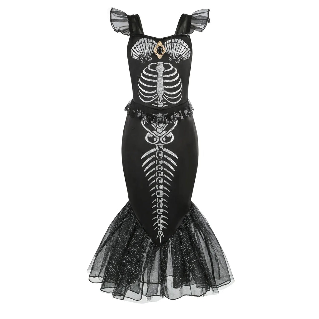 New Skeleton Little Mermaid Halloween Horror Costume Ariel Princess Costume Kids Birthday Party Prom Dress For Girls