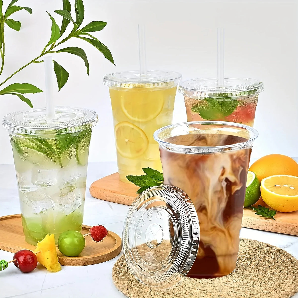 50pcs/Set 12/16OZ Plastic Cups With Lids Disposable Cups For Iced Coffee Smoothie Milkshake Cold Drinks Birthday Party Supplies