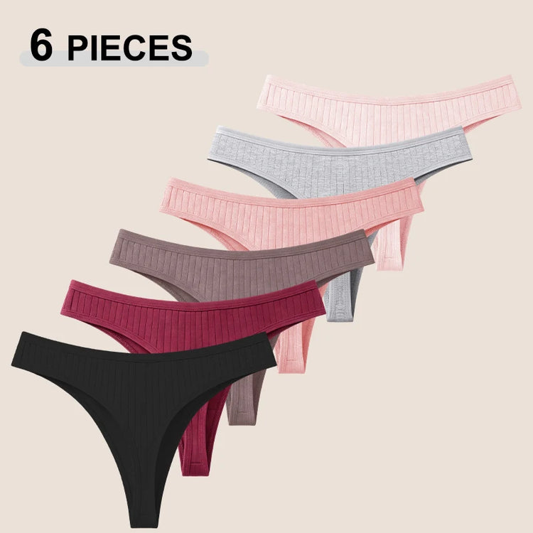 6Pcs/Set Seamless Cotton Thongs Panties For Women Sexy Low Rise Solid Color G-String Underwear Female Ribbed Breathable Lingerie