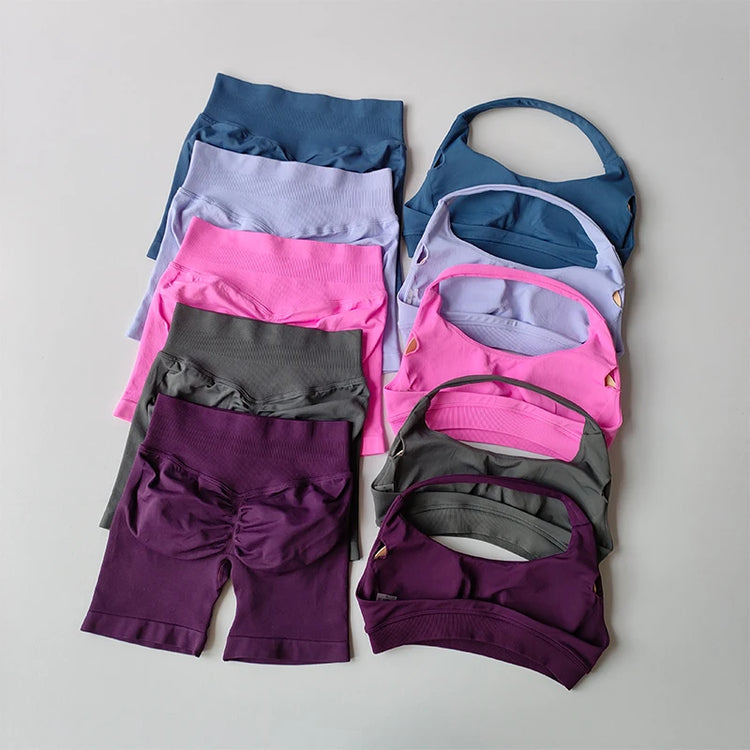 Sexy Halter Neck Beautiful Back High Waist Peach Sports Bras Shorts Suit Pilates Gathering Yoga Vest Training Fitness Bra Sets