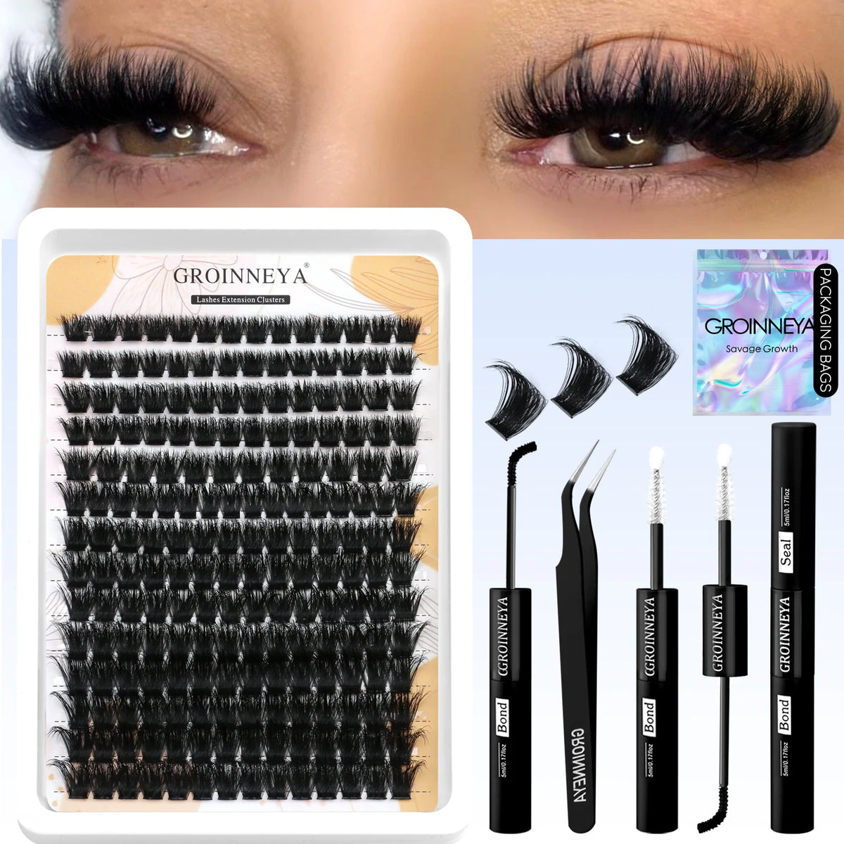 GROINNEYA Lash Clusters Kit With Waterproof Strong Hold DIY Lash Extension Kit Lash Bond And Seal And Eyelash Tweezers Makeup
