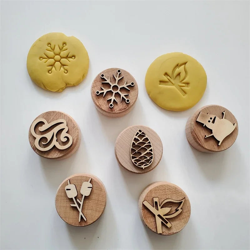 Kids Montessori Wooden Play Dough Stampers Tools Weather Insect Nature Stamps Playdough Fun Activity for Children Sensory Toys