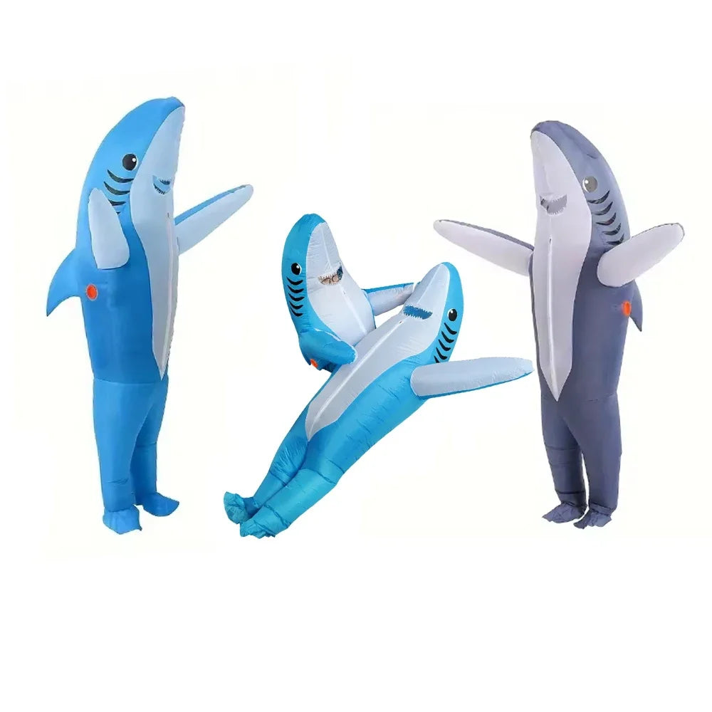 Christmas Cute Unique Standing Blue Shark Design Inflatable Suit, Halloween Play Inflatable Costume Props Shark Inflatable Suit