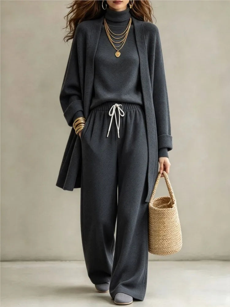 Autumn Winter New Fashion Double-sided Velvet High Collar Base Shirt Long Coat 3-piece Set Women's Casual Warm Wide Leg Suit2026