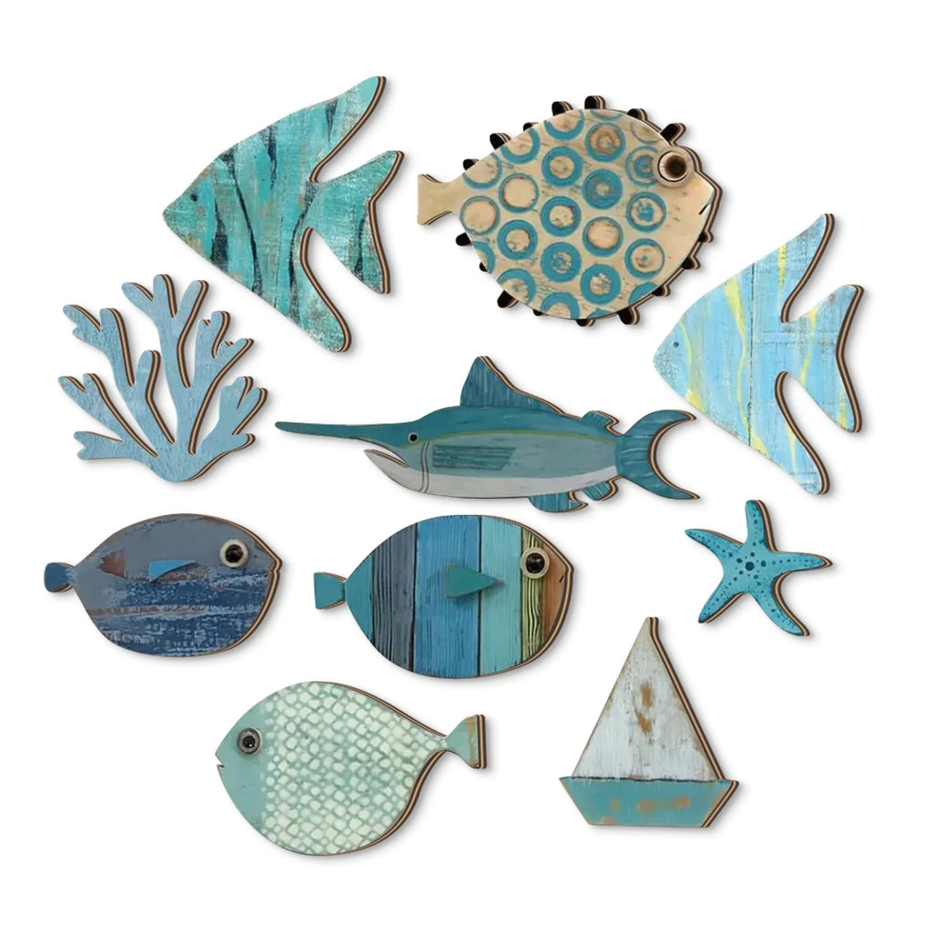 Handcrafted Wooden Ocean Wall Decor - Fish, Coral, Starfish & Sailboat Set for Home/Bathroom, Coastal Style Art