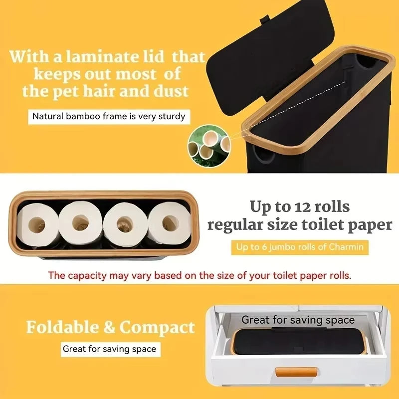 1 Storage Basket, Storage Shelf, Large Paper Holder, 12 Rolls of Toilet Paper, Storage Rack with Lid, Oxford Cloth + Bamboo Stor
